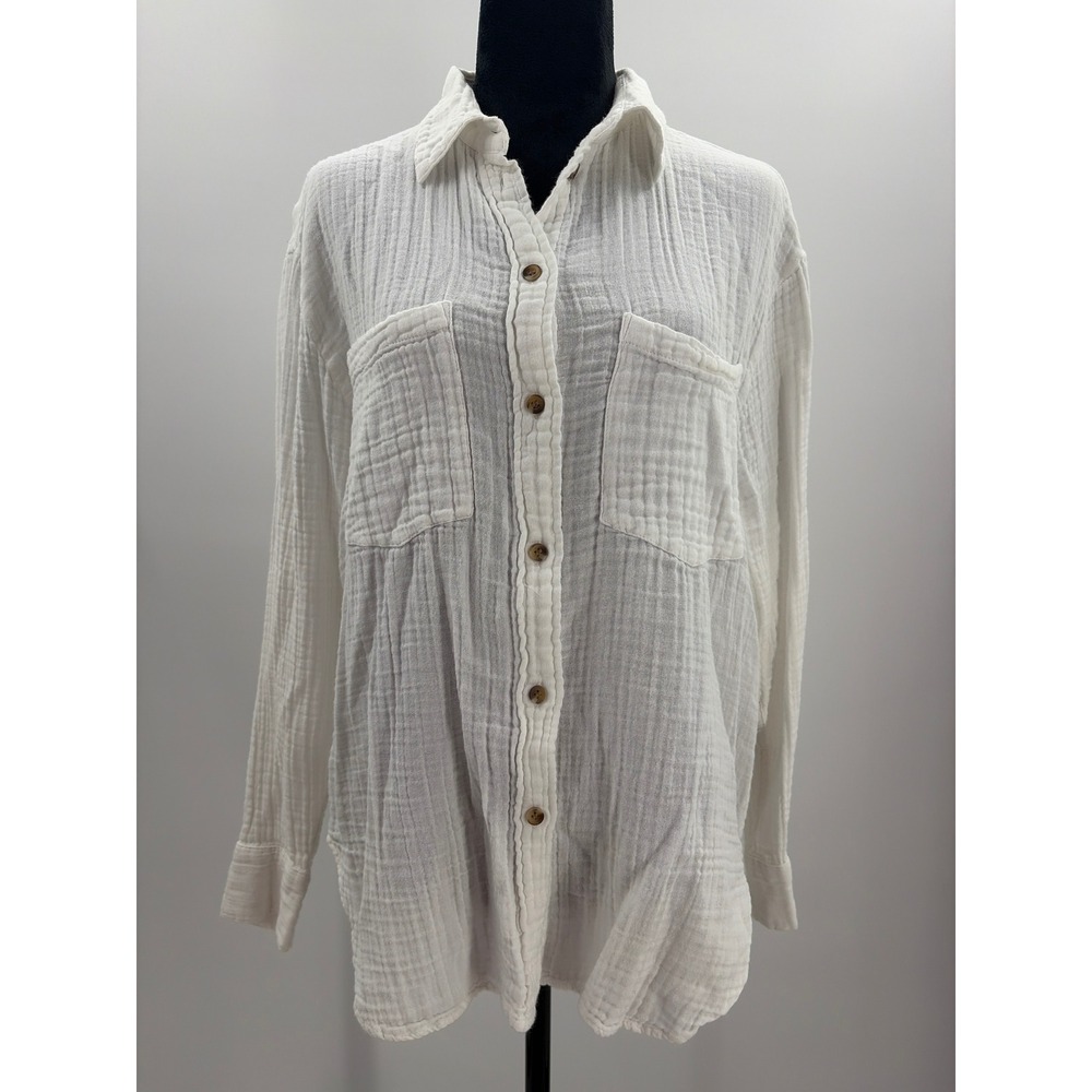 HM White Double Gauze Cotton Button Down Shirt Womens Medium Relaxed Fit Pockets